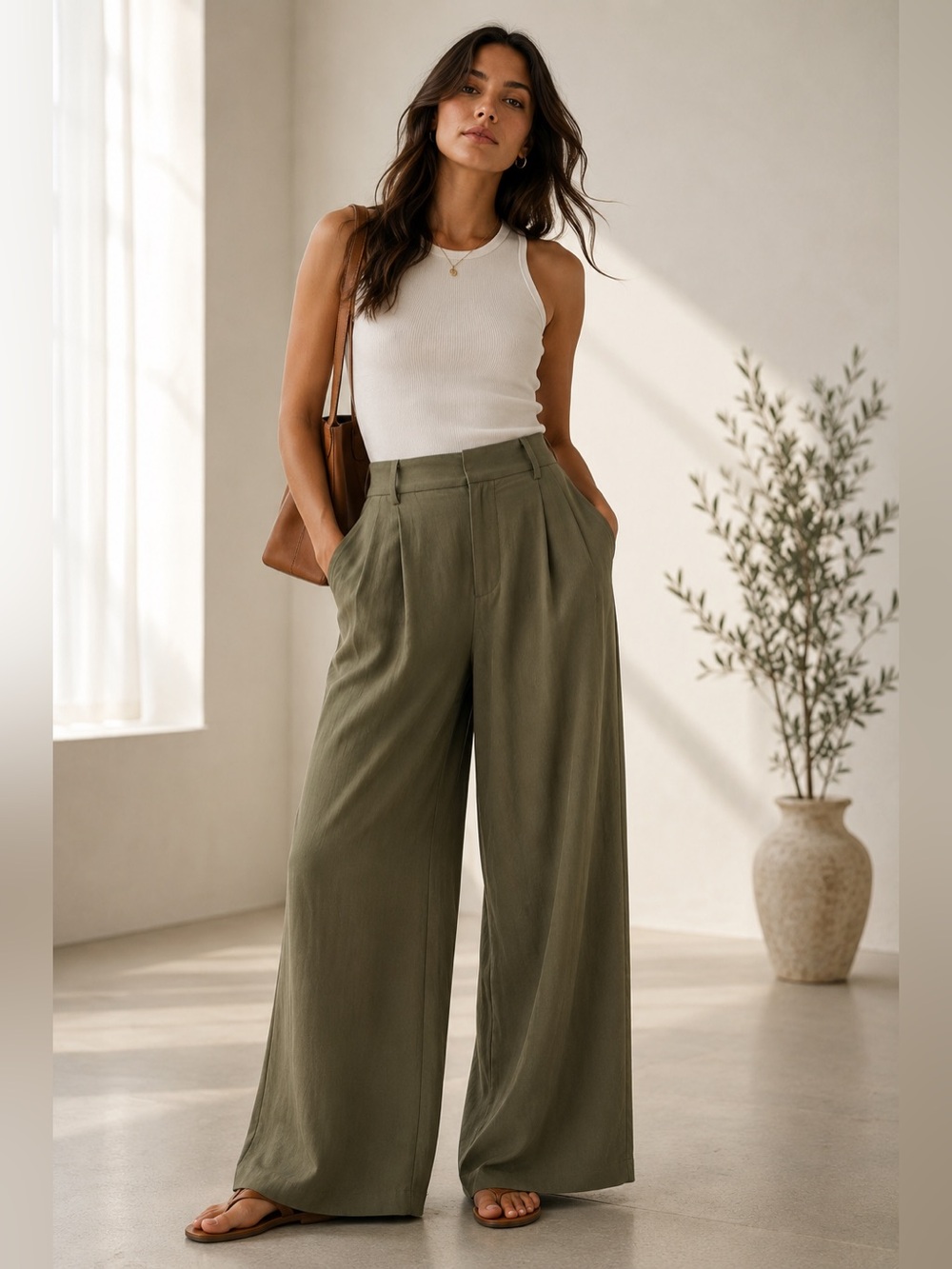 Commense Olive Green High Rise Wide Leg Tailored Trousers Pants M NWT